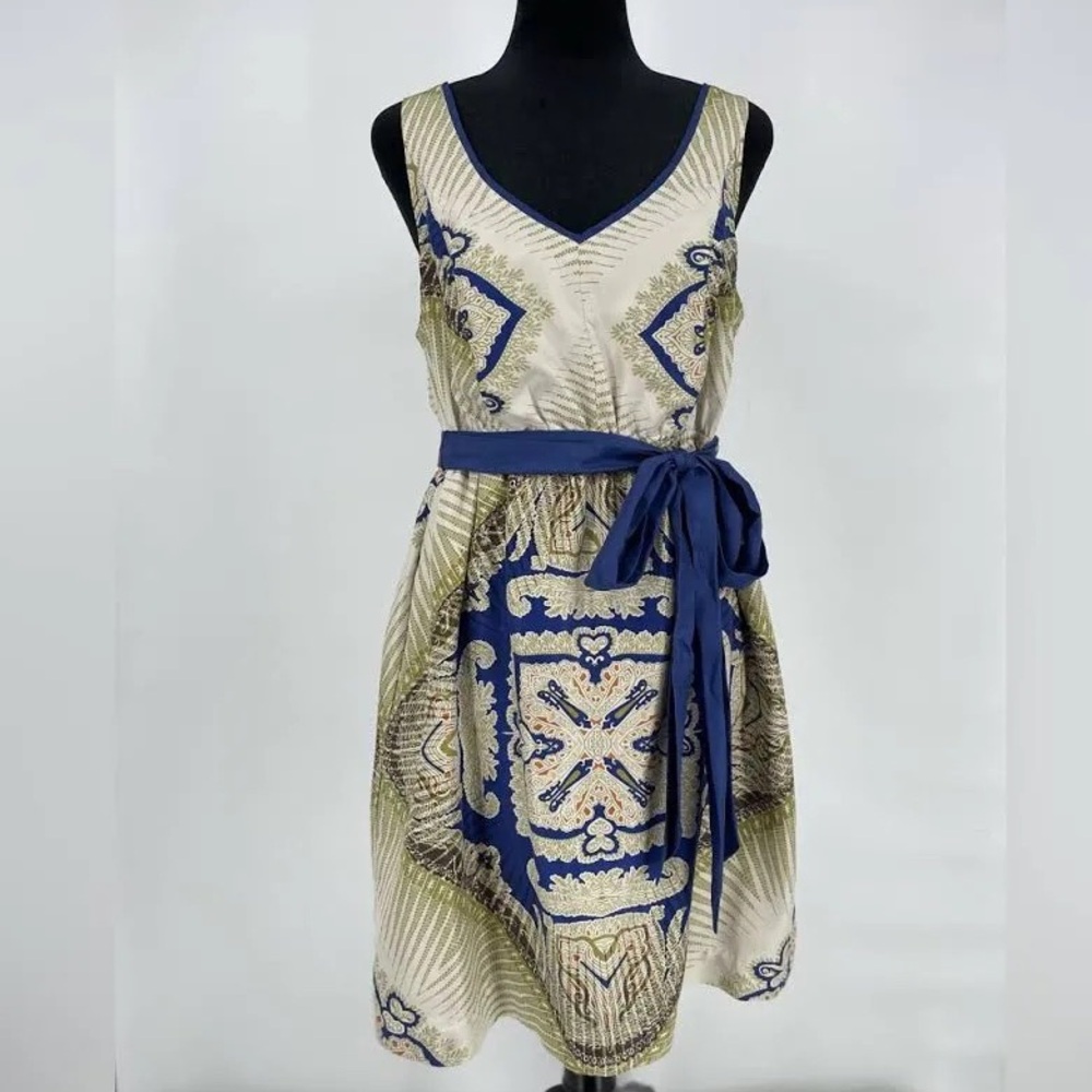 Anthropologie Medium Edme & Esyllte Print Dress Silk Blue Green Ribbon M Spring